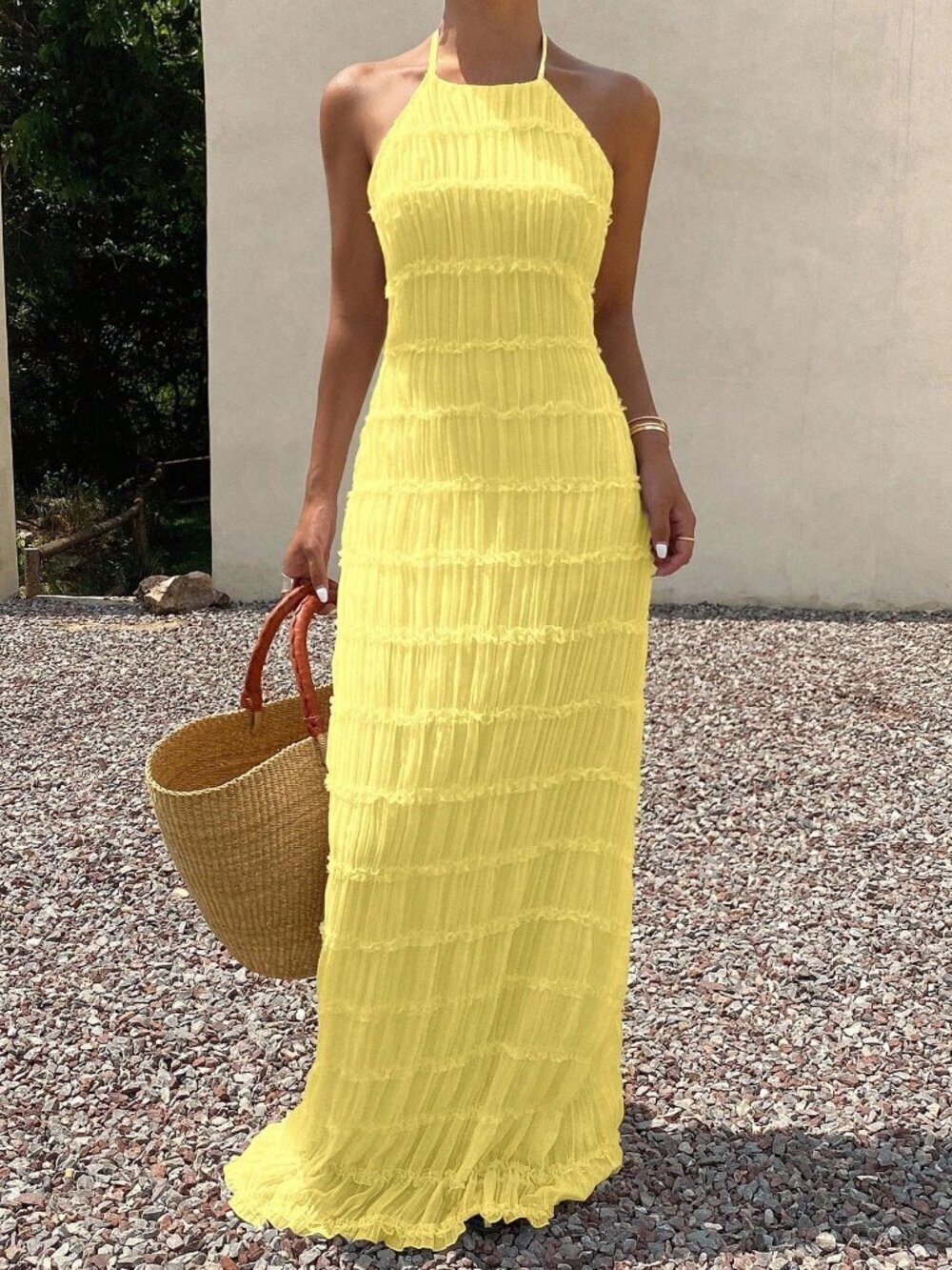 Yellow Casual Vacation Tie-Up Halter Women's Sundress